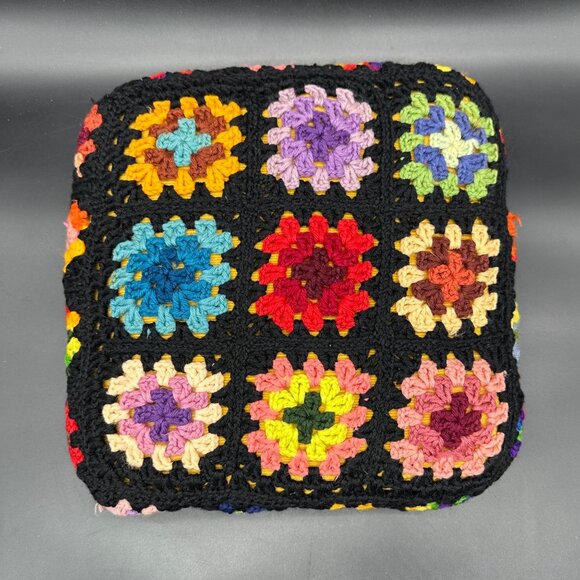 Vintage Granny Square Crochet Throw Pillow Rainbow Black Handmade Decorative - Picture 2 of 10